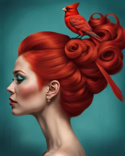 Create an image of a woman in profile view with vibrant red hair styled in an elaborate updo. On top of the hair, place a bright red cardinal bird perched gracefully. The background should be a textured teal color that provides a contrast to the warm tones of the hair and bird, enhancing the overall artistic appeal of the composition.