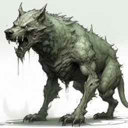 A terrible creature with a wolf's head and a human body