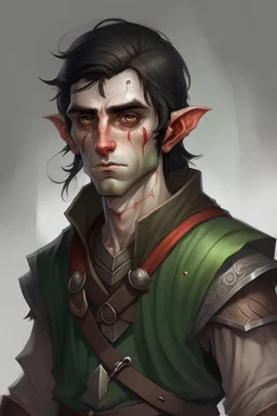 portrait of a black-haired, battered, injured elf, dressed in simple clothing, like an adventurer in a fantasy world