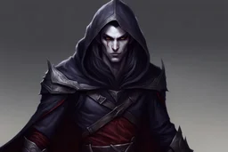 Dark elf male, rouge, dark hair, hood