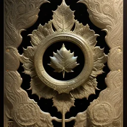 Highly detailed extrem embossed ancient oak. symmetrical, oak leaves, isolated on black background, painting, by Nekro, Peter Mohrbacher, Alphonse Mucha, Brian Froud, Yoshitaka Amano, kim keever, victo ngai, James jean, 3D