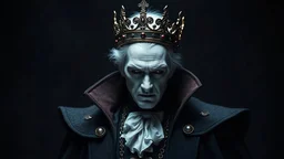 dracula, in a dark setting with a king crown, full body plate male, white hair