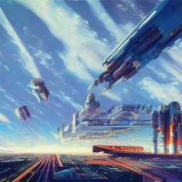 Spaceport on a heavy industrialized planet with a vibrant city in the background and a starting spaceship in the foreground, art by John Berkey, buildings with glass facades, insanely detailed, vibrant, 8k uhd, cinematic atmosphere, ultra-wide angle, street level view, brush strokes, blue sky with clouds, sharp focus