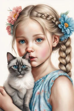 beautiful little girl making a kissing face, hair in messy braids with flowers, with a Siamese cat kissing her cheek, very amber eyes, white background, soft lighting, high detail, hyperrealistic, charcoal drawing, art in the style of Lilia Alvarado, Artgerm, and Greg Rutkowski.