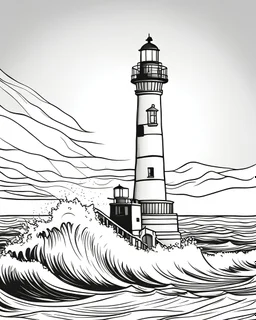 create a coloring book page image of a lighthouse at sea, , black and white, easy to color