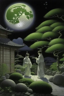 THE MOON HIDDEN SHADOWY FIGURES at the zen garden STYLE OF HIROKU OGAI