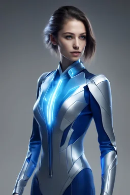 beautiful female in a suit is a sleek fusion of advanced technology and dynamic design. The color scheme incorporates shades of electric blue and silver. Embedded in the suit are quantum emitters that enhance her temporal abilities, The suit's surface emits a subtle luminescence as she accelerates
