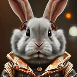 steampunk rabbit, extremely detailed, UHD, 8k,The close-up camera effect,sharp focus,perfect, background forest,position,hyperphotorealistic