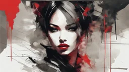 aesthetic, painterly style, modern ink, kurumi, red and dark, sensual, sultry, dark blouse, expressive pose, urbanpunk, abstract texture multilayer background, neo-expressionist , Russ Mills, Ian Miller