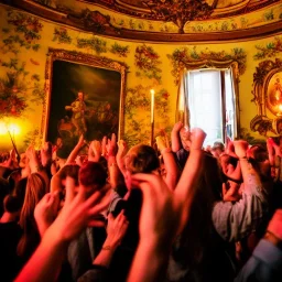 Celebration in a schloss, austrian cheering people, ledherhosen Austrian aesthetic, warm colors, wooden floor, forest green walls, chiaroscuro, 8k, HD, cinematography, photorealistic, Cinematic, Color Grading, Ultra-Wide Angle, Depth of Field, hyper-detailed, beautifully color-coded, insane details, intricate details, beautifully color graded, Cinematic, Color Grading, Editorial Photography, Depth of Field, DOF, White Balance, 32k, Super-Resolution, Megapixel, ProPhoto RGB, VR, Halfrear Lighting