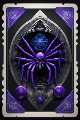 sacred geometry framed playing card, black, blue and purple drum set spider in witch hat shadows boss card in the style of Giger and fallout 4 ,bokeh like f/0.8, tilt-shift lens 8k, high detail, smooth render, down-light, unreal engine