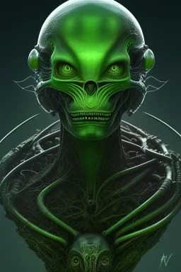 green alien, head, evil,black eyes, weapons, blood, 8k, finely detailed, photo realistic, HR Giger style