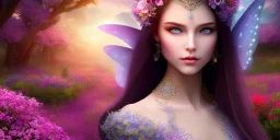 bright fairy, beautiful portrait, flowery landscape