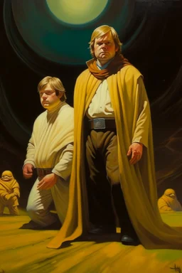 1970's dark fantasy cover dnd style oil painting of a fat obese luke skywalker and obi-wan kenobi and han solo with minimalist far perspective