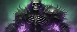 emperador esqueleto con armadura pesada con estetica oscura con un aura de energia caotica gobernando un ejercito infinito de esqueletos imagen realista con tonos verdes y morados