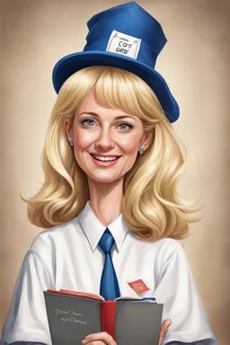 Een dom blondje die haar dokterdiploma heeft gekregen dankzij CHATGPT. superdom, karikatuur, draagt diplomahoedje. Haar outfit is roos, je ziet enkel gezicht, superkarikatuuraal en dom, ROOS