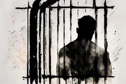 sad, bowed-headed incarcerated man behind bars with his back to us, melting watercolor and black ink outlines on wet paper, soft, shading strokes, in sunshine, ethereal, otherwordly, cinematic postprocessing, bokeh, dof