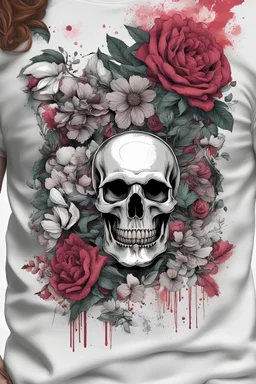 t-Shirt design, print on white shirt, skull with flowers, text, grafic design