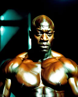 Adewale Akinnuoye-Agbaje x morris cheshunt as a handsome dark skinned and muscular heavy set man with a bald head and neatly trimmed beard. he is wearing a leather waistcoat and no shirt. he has a gold earing in his left ear. standing in a dungeon dark fantasy