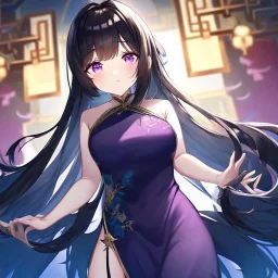 Clear focus,High resolution, Black long fluffy hair, and purple eyes, wearing a chinese dress, cute