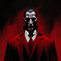 a sinister figure wearing a red suit and a priest's collar with no face and dirty slicked back hair