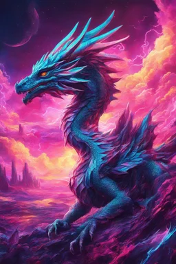 Dragon in a vibrant synthwave dreamscape, neon chaos swirling energetically around pixelated forms, a dynamic fusion of retro gaming nostalgia and futuristic abstraction