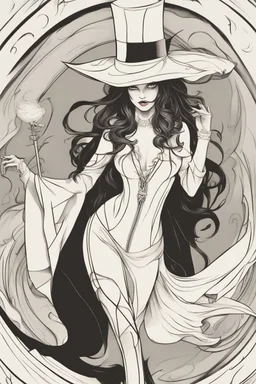 Imagine a captivating illustration that portrays a young witch with flowing black hair and a distinctive black top hat, rendered in a cartoon style with precise black outlines and abundant shading. Picture the witch in a full-bodied stance, each contour defined by meticulous black lines that accentuate her form. Dive into a realm of depth and atmosphere as shadows envelop her, adding an extra layer of realism and drama. With careful attention to detail, bring forth her enigmatic charm through