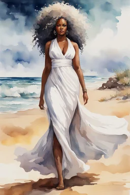 Create an urban culture watercolor painting of a beautiful thick black female wearing a soft white maxi dress and a white hair wrap. Prominent make up with lush lashes. Highly detailed tightly curly afro. Background of her walking in the sand by the ocean.