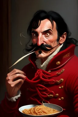 Captain Hook eating spaghetti Middle aged man with Shoulder-length black hair, thin moustache, red jacket