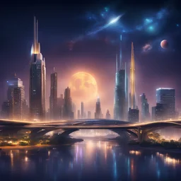 Generate a futuristic rendition of the Chennai skyline at night, with illuminated skyscrapers, glowing bridges, and sleek futuristic transportation systems and its floating in the Galaxy with islands