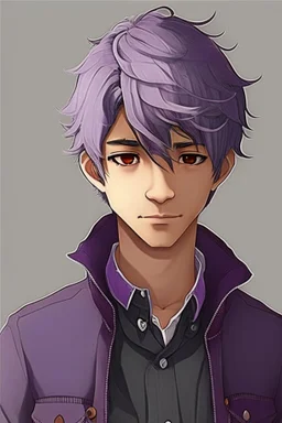 Light brown skin, red eyes, straight short purple-grey hair, black clothes, round face, young adult