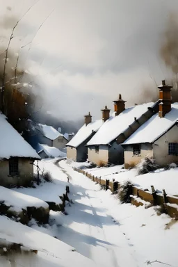 make a painting of a small, worn village covered in snow