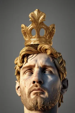 Realistic image, Roman sculpture made in marble with gold veins, Lionel messi, gold laurel leaves crown, waist up portrait,marble material, gold ornaments, Renaissance style, sun rays background, epic, celestial, cinematic lighting, God lights, 4k resolution, smooth details, soft lighting, unreal engine 5, art station, substance 3d.