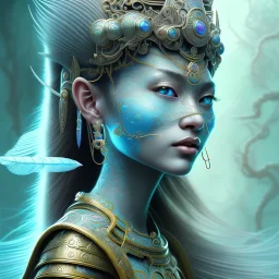 Sango fantasy, fantasy magic, intricate, sharp focus, illustration, highly detailed, digital painting, concept art, matte, art germ and Paul Lewin and Kehinde Wiley, masterpiece Mayan princess dancer head bronze feather's' Asian Latin girl nice breast Thai hair turquoise silver blue under water