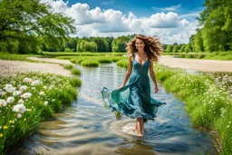 shot from front ,green field and wild flower field ,beautiful girl in pretty dress curly hair walking in water toward camera in trees next to wavy river with clear water and nice sands in floor.camera capture from her full body front, spring blosom walking to camera ,wild flowers moving in the wind ,blue sky,moving pretty clouds ,joy full facet.