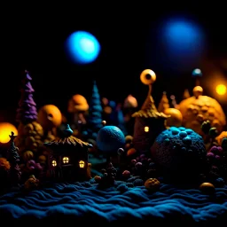 Detailed cozy landscape made of modeling clay, naïve, Tim Burton, stars and planets, figures, Harry Potter, strong texture, extreme detail, decal, rich moody colors, sparkles, clean, bokeh, odd