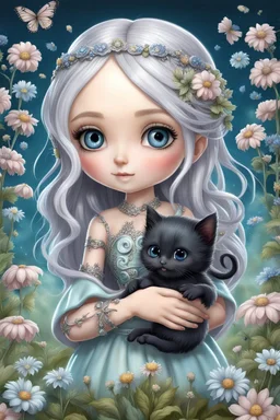 cute happy fairy girl with rounded blue eyes, big long silver hair, and with tiny black fluffy kitty sitting in her five fingers hands, chibi 3d anime character, detailed, fantasy style, nice picture in the big meadow with pale colors flowers