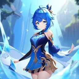 Clear focus,High resolution, Vibrant short blue hair, Vibrant blue eyes, Genshin impact inspired outfit, wearing a short skirt