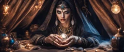 Hyper Realistic photographic-view of Wicked Fortune-teller wearing black-beed-necklace-&-bracelet angrily Looking at her crystal-ball glowing magically & sitting in her tent decorated with fancy-traditional-ornaments-&-feathers showing dramatic & cinematic ambiance"