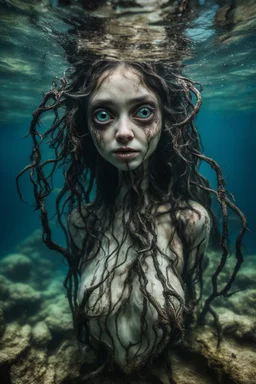 Country underwater, closeup siren with big eyes, ragged clothes, fullbody, his skin translucent, black veins that extended like roots, 8k,macro photography,