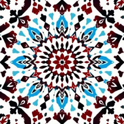 Front Symmetrical View Of Ethnic Cultural Pakistani Sindhi Ajrak Pattern. Using Colors White, Navy-Blue, Sky-Blue, Maroon And Black.