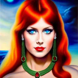 oil Portrait on canvas of busty beautiful young Red Sonja with big crystal clear green eyes looking to viewer, tattooed , with ruby necklace by Adam hughes 8k