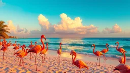 A hyper-realistic digital illustration showcasing the iconic Flamingo Beach in Aruba, with each flamingo meticulously detailed and the sunset casting a warm, golden hue over the scene.