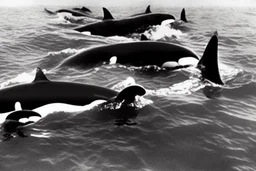 An orca army fighting in WW2, swimming up a stream to attack