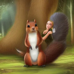 Fantasy image,wooded background, Giant squirrel,attacking a person,d&d