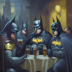 An oil painting of a dark universe masonic sad drunk batman convention, diferent colors batmans