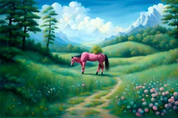 Big pink plastic toy horse.19th painting