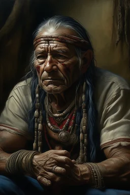 A native Indian , they but a fabric on his eye so he can not see and his arms are Handcuffed. looks miserable with bruises on his face like he has been beating sitting on a broken chair in a prison with dem light and dark prison environments , Busch painting style , sureal
