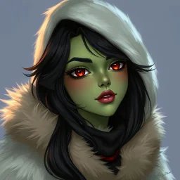 A digital illustration of a young woman, green skin, black hair, red eyes, wearing furs