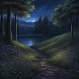 beautiful landscape, dark dusk, dimly lit fireflies surround, photorealistic